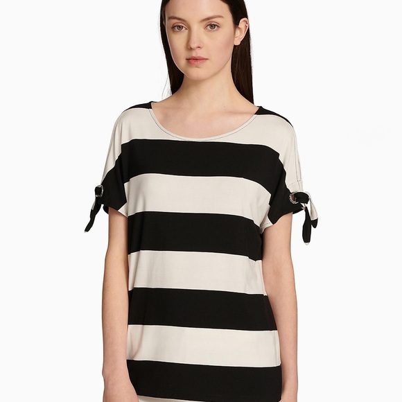 CK Black/White Striped Short Sleeve Split Tie Top - Picture 2 of 12